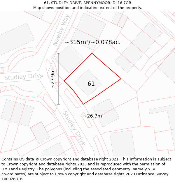 61, STUDLEY DRIVE, SPENNYMOOR, DL16 7GB: Plot and title map