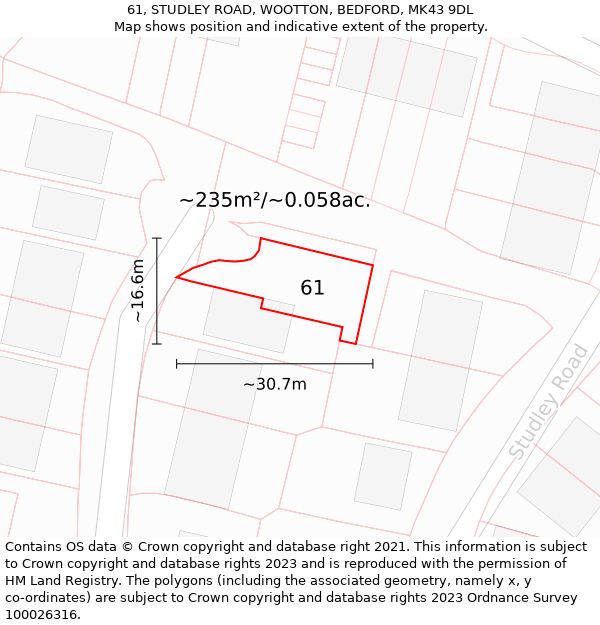 61, STUDLEY ROAD, WOOTTON, BEDFORD, MK43 9DL: Plot and title map