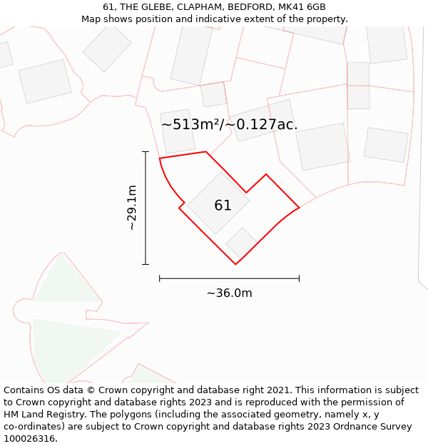 61, THE GLEBE, CLAPHAM, BEDFORD, MK41 6GB: Plot and title map