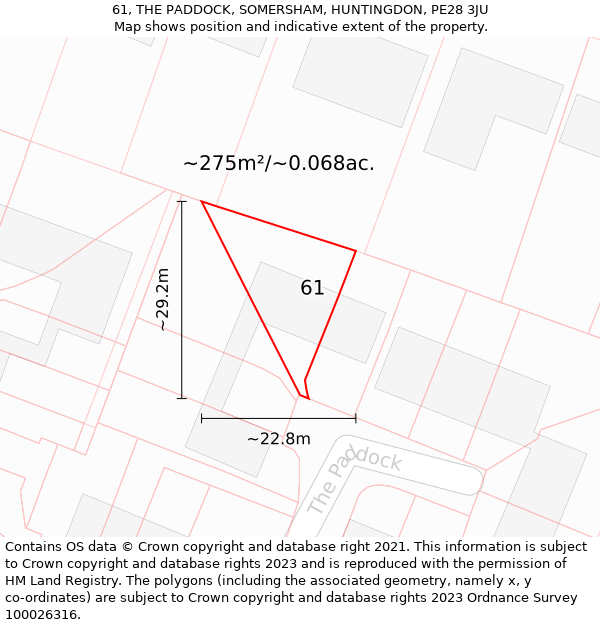 61, THE PADDOCK, SOMERSHAM, HUNTINGDON, PE28 3JU: Plot and title map