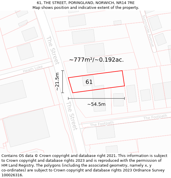 61, THE STREET, PORINGLAND, NORWICH, NR14 7RE: Plot and title map