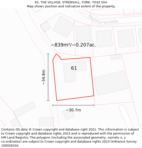 61, THE VILLAGE, STRENSALL, YORK, YO32 5XA: Plot and title map