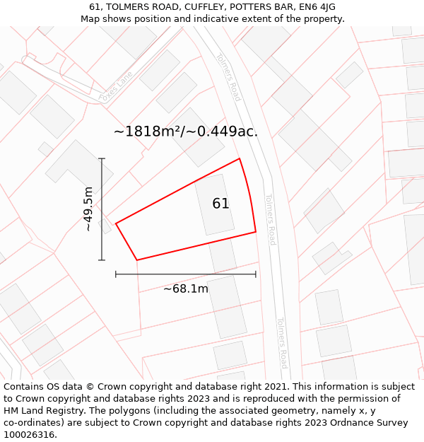 61, TOLMERS ROAD, CUFFLEY, POTTERS BAR, EN6 4JG: Plot and title map