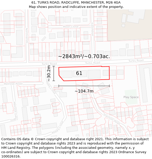 61, TURKS ROAD, RADCLIFFE, MANCHESTER, M26 4GA: Plot and title map