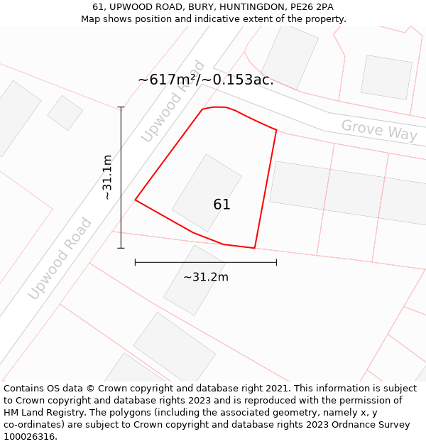 61, UPWOOD ROAD, BURY, HUNTINGDON, PE26 2PA: Plot and title map