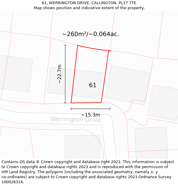 61, WERRINGTON DRIVE, CALLINGTON, PL17 7TE: Plot and title map