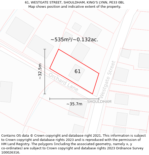 61, WESTGATE STREET, SHOULDHAM, KING'S LYNN, PE33 0BL: Plot and title map