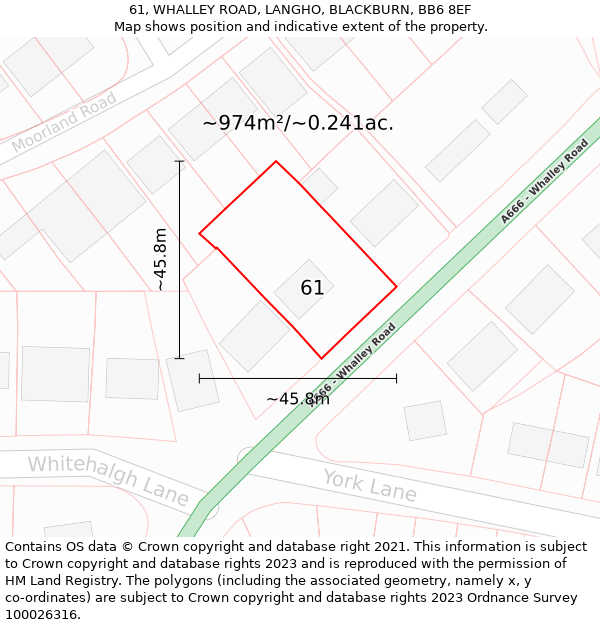 61, WHALLEY ROAD, LANGHO, BLACKBURN, BB6 8EF: Plot and title map