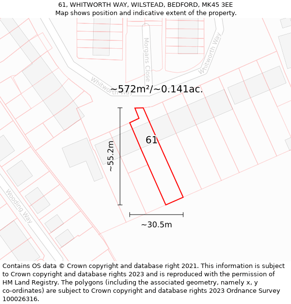 61, WHITWORTH WAY, WILSTEAD, BEDFORD, MK45 3EE: Plot and title map