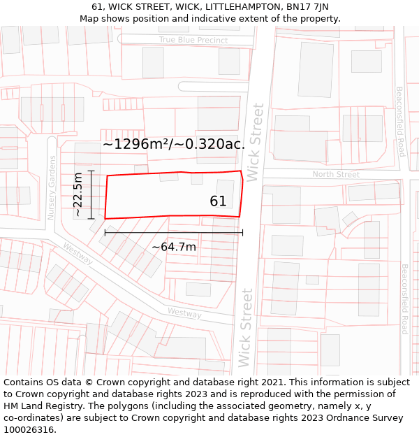 61, WICK STREET, WICK, LITTLEHAMPTON, BN17 7JN: Plot and title map