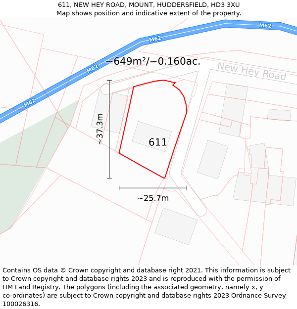 611, NEW HEY ROAD, MOUNT, HUDDERSFIELD, HD3 3XU: Plot and title map