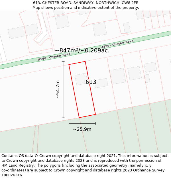 613, CHESTER ROAD, SANDIWAY, NORTHWICH, CW8 2EB: Plot and title map