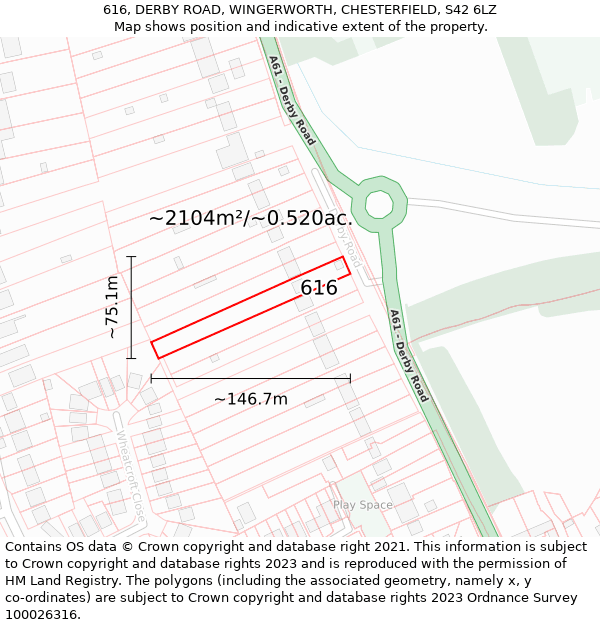 616, DERBY ROAD, WINGERWORTH, CHESTERFIELD, S42 6LZ: Plot and title map