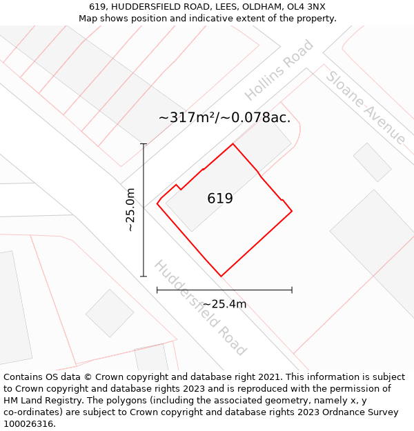 619, HUDDERSFIELD ROAD, LEES, OLDHAM, OL4 3NX: Plot and title map