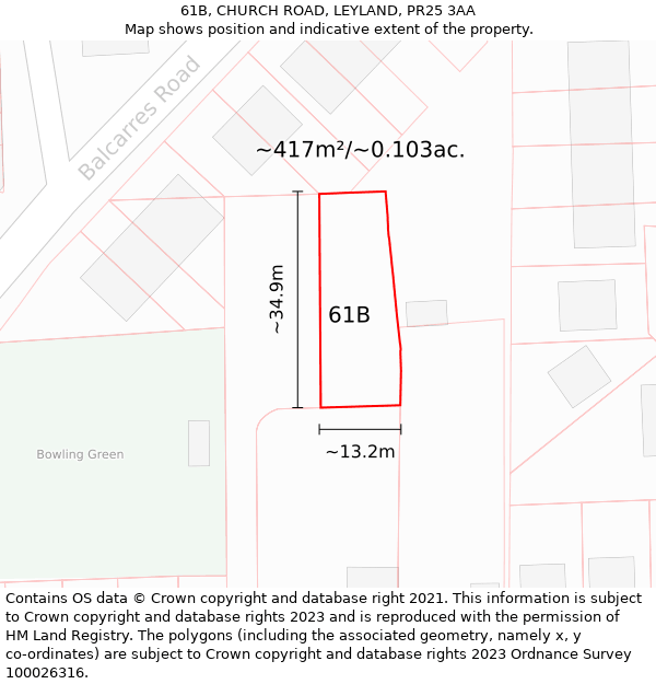 61B, CHURCH ROAD, LEYLAND, PR25 3AA: Plot and title map