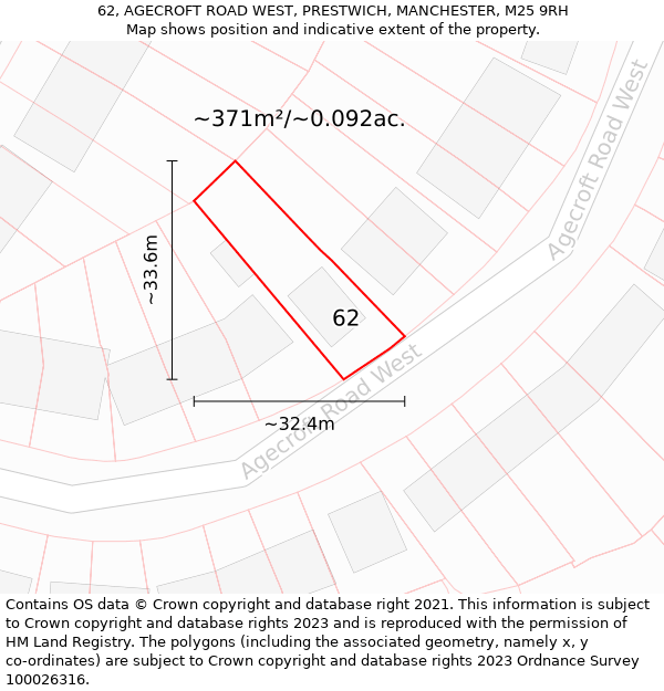 62, AGECROFT ROAD WEST, PRESTWICH, MANCHESTER, M25 9RH: Plot and title map