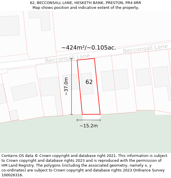 62, BECCONSALL LANE, HESKETH BANK, PRESTON, PR4 6RR: Plot and title map