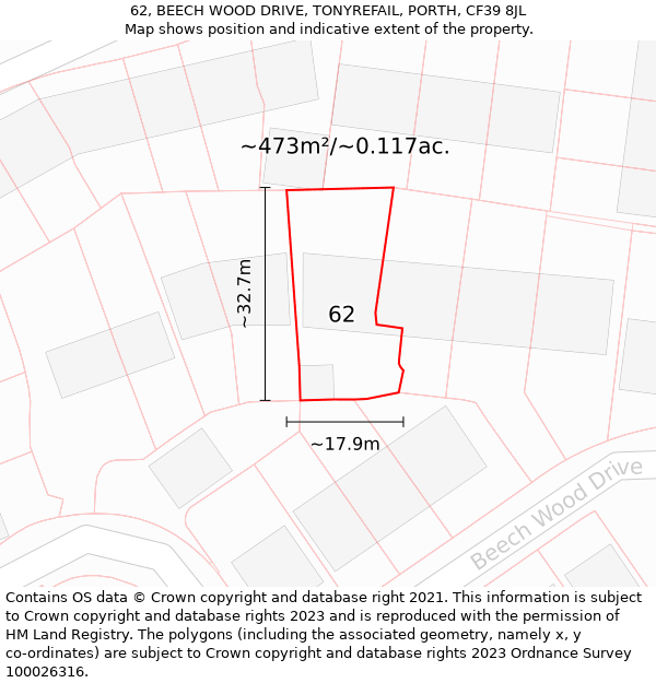 62, BEECH WOOD DRIVE, TONYREFAIL, PORTH, CF39 8JL: Plot and title map