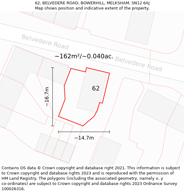 62, BELVEDERE ROAD, BOWERHILL, MELKSHAM, SN12 6AJ: Plot and title map