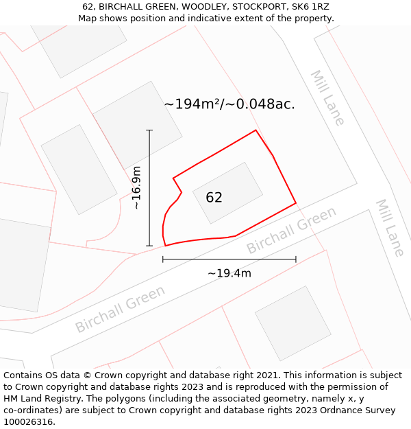 62, BIRCHALL GREEN, WOODLEY, STOCKPORT, SK6 1RZ: Plot and title map