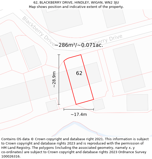 62, BLACKBERRY DRIVE, HINDLEY, WIGAN, WN2 3JU: Plot and title map