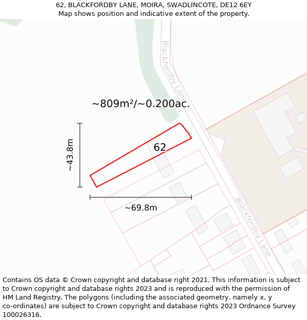 62, BLACKFORDBY LANE, MOIRA, SWADLINCOTE, DE12 6EY: Plot and title map