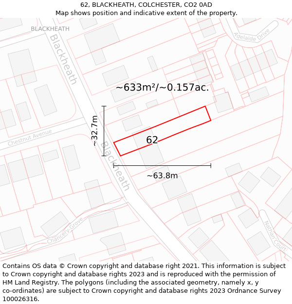 62, BLACKHEATH, COLCHESTER, CO2 0AD: Plot and title map