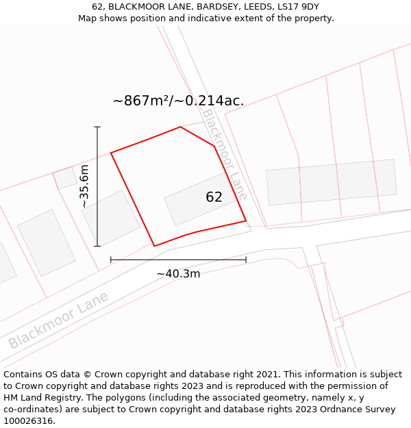 62, BLACKMOOR LANE, BARDSEY, LEEDS, LS17 9DY: Plot and title map