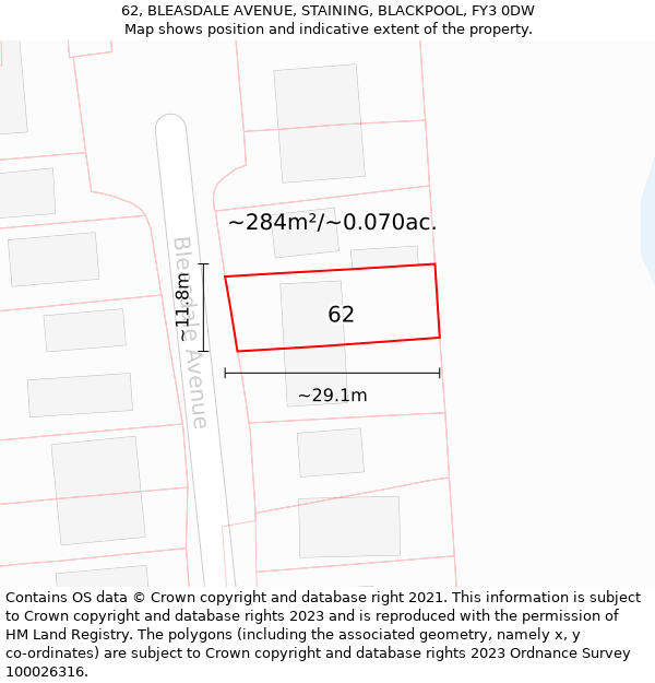 62, BLEASDALE AVENUE, STAINING, BLACKPOOL, FY3 0DW: Plot and title map