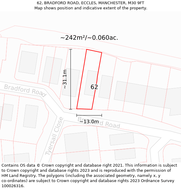 62, BRADFORD ROAD, ECCLES, MANCHESTER, M30 9FT: Plot and title map