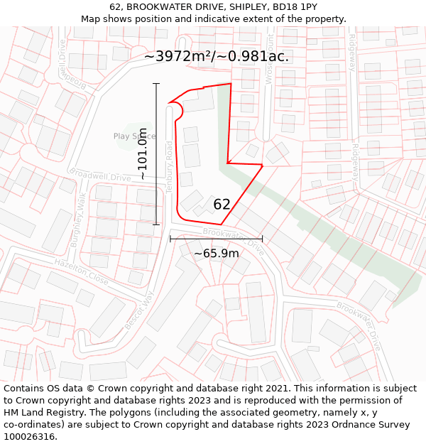 62, BROOKWATER DRIVE, SHIPLEY, BD18 1PY: Plot and title map