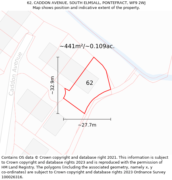 62, CADDON AVENUE, SOUTH ELMSALL, PONTEFRACT, WF9 2WJ: Plot and title map