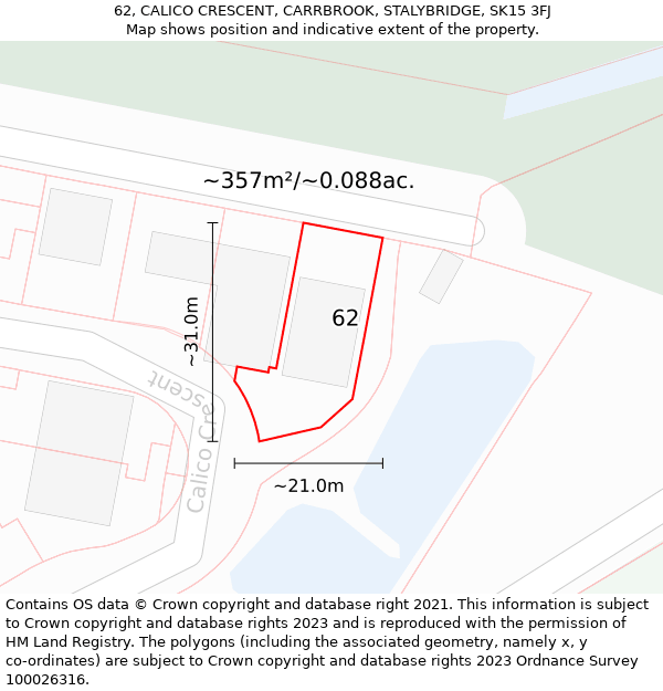 62, CALICO CRESCENT, CARRBROOK, STALYBRIDGE, SK15 3FJ: Plot and title map