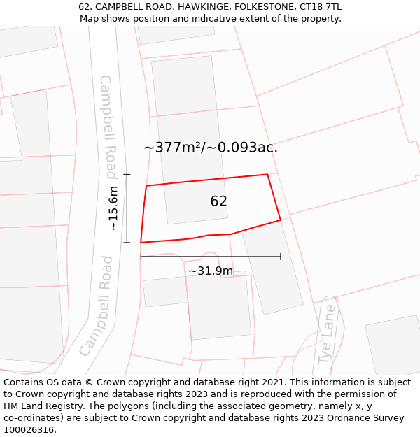 62, CAMPBELL ROAD, HAWKINGE, FOLKESTONE, CT18 7TL: Plot and title map