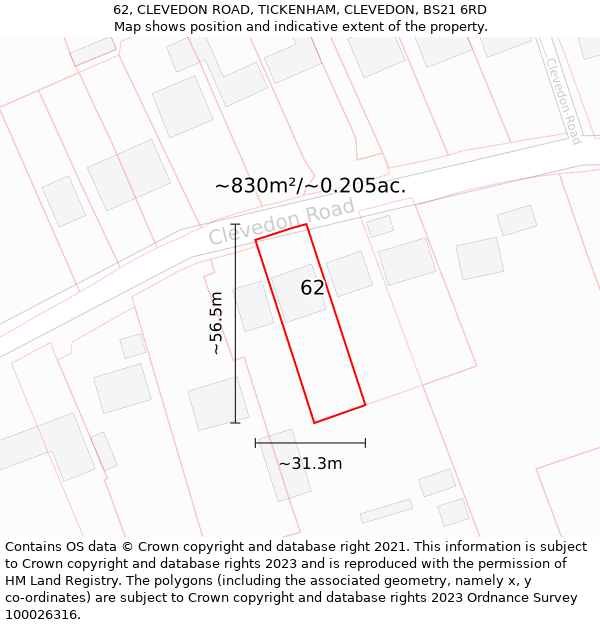 62, CLEVEDON ROAD, TICKENHAM, CLEVEDON, BS21 6RD: Plot and title map