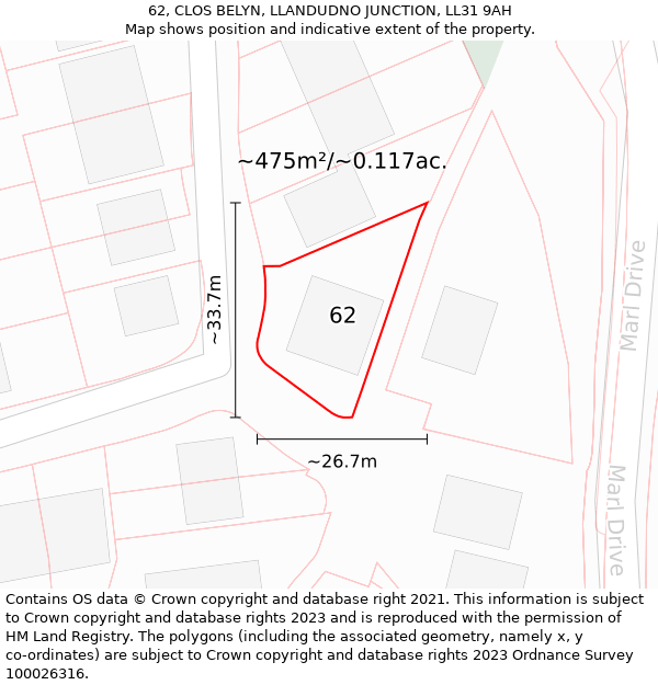 62, CLOS BELYN, LLANDUDNO JUNCTION, LL31 9AH: Plot and title map