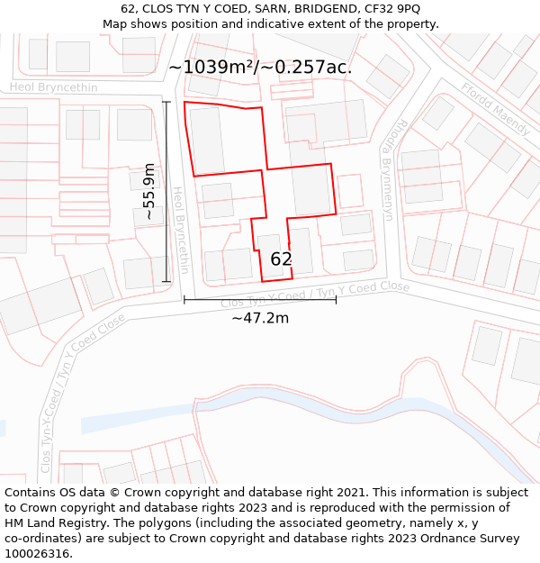 62, CLOS TYN Y COED, SARN, BRIDGEND, CF32 9PQ: Plot and title map