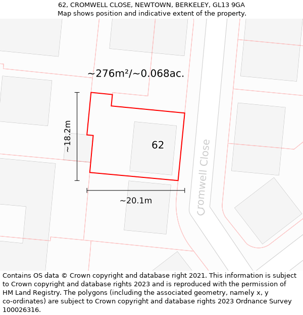 62, CROMWELL CLOSE, NEWTOWN, BERKELEY, GL13 9GA: Plot and title map