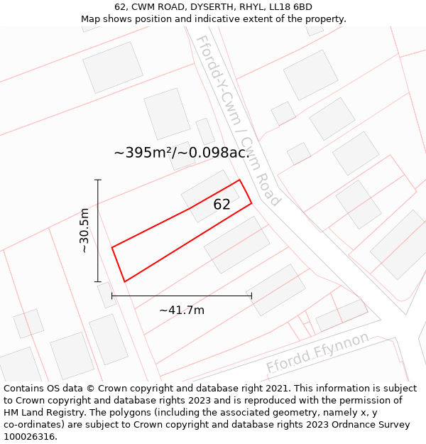 62, CWM ROAD, DYSERTH, RHYL, LL18 6BD: Plot and title map