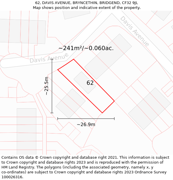 62, DAVIS AVENUE, BRYNCETHIN, BRIDGEND, CF32 9JL: Plot and title map