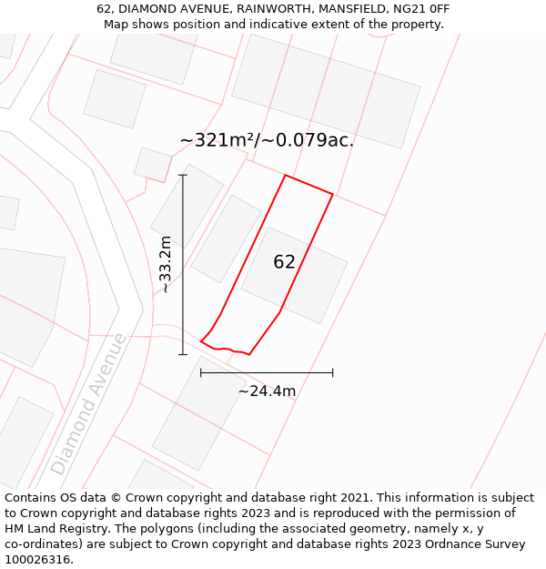 62, DIAMOND AVENUE, RAINWORTH, MANSFIELD, NG21 0FF: Plot and title map