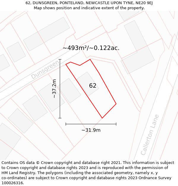 62, DUNSGREEN, PONTELAND, NEWCASTLE UPON TYNE, NE20 9EJ: Plot and title map