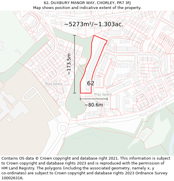 62, DUXBURY MANOR WAY, CHORLEY, PR7 3FJ: Plot and title map