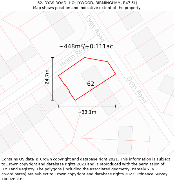 62, DYAS ROAD, HOLLYWOOD, BIRMINGHAM, B47 5LJ: Plot and title map