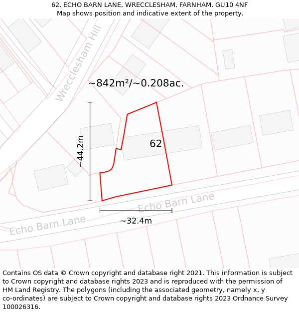 62, ECHO BARN LANE, WRECCLESHAM, FARNHAM, GU10 4NF: Plot and title map