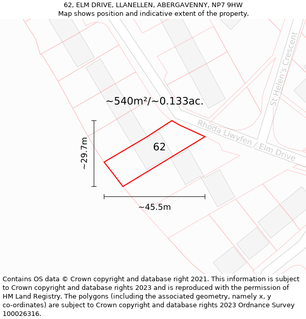 62, ELM DRIVE, LLANELLEN, ABERGAVENNY, NP7 9HW: Plot and title map