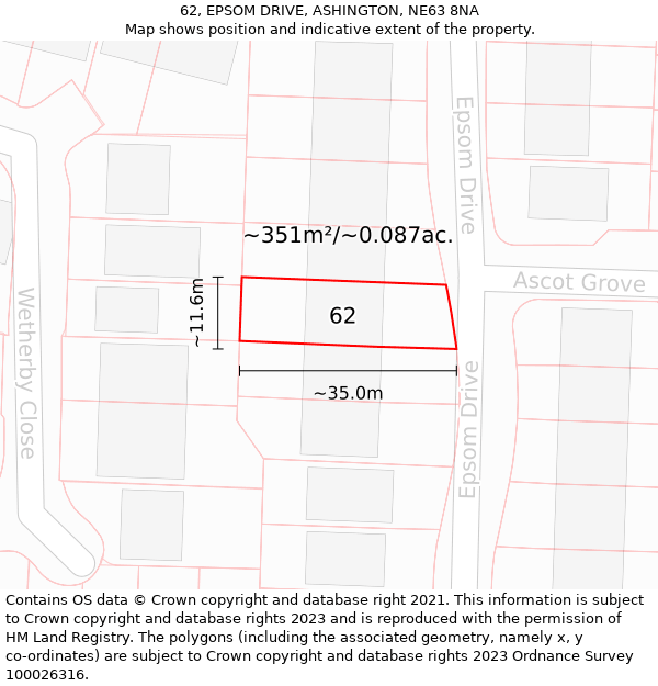 62, EPSOM DRIVE, ASHINGTON, NE63 8NA: Plot and title map