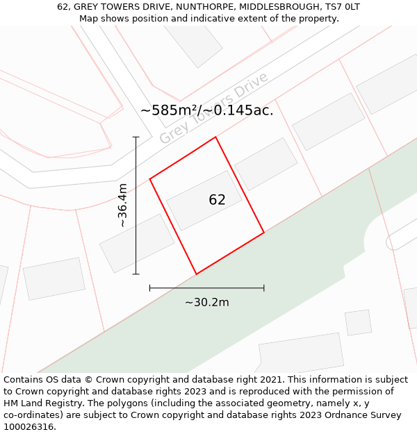 62, GREY TOWERS DRIVE, NUNTHORPE, MIDDLESBROUGH, TS7 0LT: Plot and title map