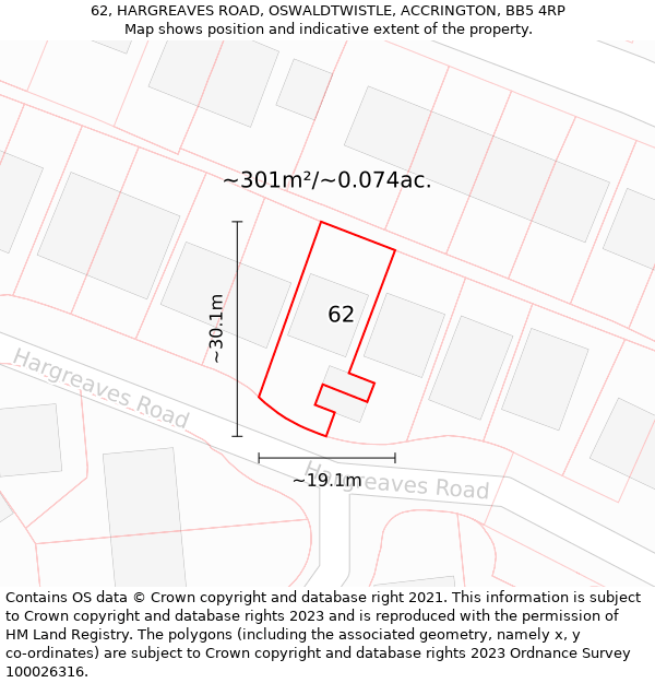 62, HARGREAVES ROAD, OSWALDTWISTLE, ACCRINGTON, BB5 4RP: Plot and title map