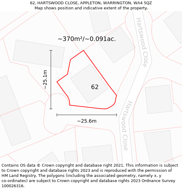 62, HARTSWOOD CLOSE, APPLETON, WARRINGTON, WA4 5QZ: Plot and title map